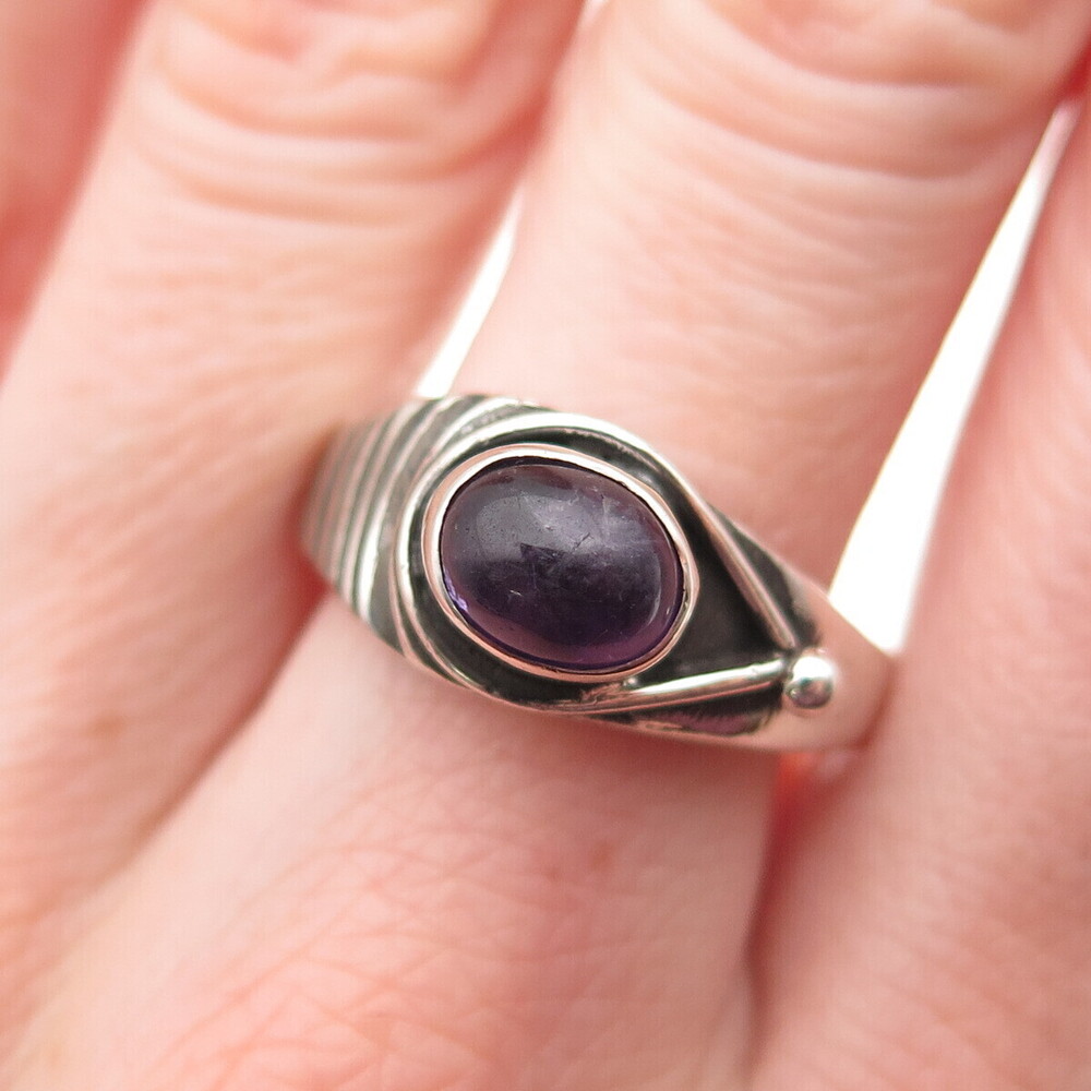 925 Sterling Silver Vintage Real Amethyst Modernist Oxidized Ring Size 8.5